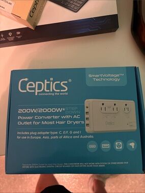200W/2000W Power Converter with AC Outlet - Blue - for travel to Europe